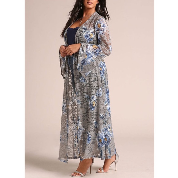 Plus Gray Blue Floral Lace Kimono Cardigan Tunic - Picture 3 of 5